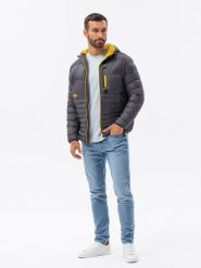 Kurtka męska pikowana z kapturem - grafitowa V2 OM-JALP-0120 - S. Szare kurtki treningowe męskie Ombre Clothing, m, bez wzorów. W wyprzedaży za 79.99 zł.