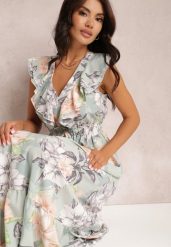 Miętowa Rozkloszowana Sukienka w Kwiatowy Wzór z Falbanami i Wiązaniem Kerna. Zielone sukienki damskie Renee, l, bez wzorów, z materiału, bez kołnierzyka, bez ramiączek, maxi, rozkloszowane. Za 109.99 zł.