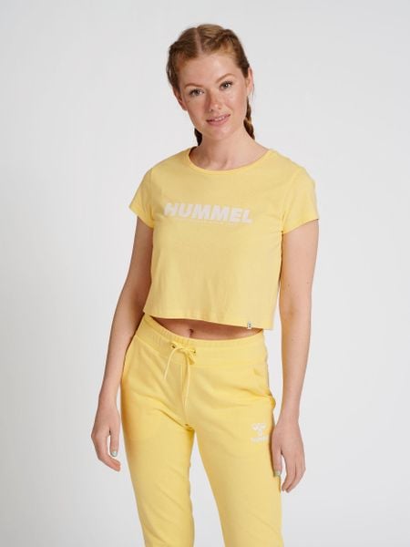 Damska koszulka crop top Hummel Legacy. Żółte bluzki sportowe damskie HUMMEL, s, z bawełny, bez kołnierzyka, bez ramiączek. Za 90.00 zł.