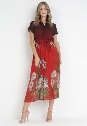 Bordowa Sukienka Eripheis. Czerwone sukienki damskie Born2be, s, bez wzorów, z tkaniny, bez kołnierzyka, bez ramiączek, midi, koszulowe. W wyprzedaży za 63.99 zł.