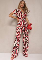 Czerwony Kopertowy Kombinezon z Wiązanym Paskiem w Abstrakcyjny Print Saralen. Czerwone kombinezony damskie Renee, l, bez wzorów, eleganckie, bez kołnierzyka, bez ramiączek, krótkie. Za 99.99 zł.