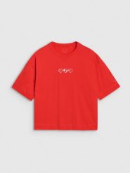4F T-shirt oversize z nadrukiem damski - czerwony L. Czerwone t-shirty damskie 4f, l, bez wzorów, z bawełny, bez kołnierzyka. W wyprzedaży za 39.99 zł.