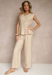 Beżowy Komplet Spodnie i Bluzka z Regulacją w Talii Zapinana na Guziki Dovanelle. Brązowe spodnie materiałowe damskie Renee, bez wzorów, eleganckie. Za 89.99 zł.