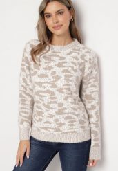 Ciemnobeżowy Sweter z Wełną o Klasycznym Kroju Zdobiony Wzorem w Cętki Zinarisa. Brązowe swetry klasyczne damskie Born2be, na zimę, l, z wełny, bez kołnierzyka. Za 64.99 zł.