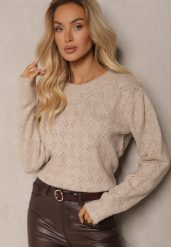 Beżowy Sweter w Klasycznym Stylu z Tłoczonym Wzorem Deriel. Brązowe swetry klasyczne damskie Renee, z jeansu, bez kołnierzyka. Za 129.99 zł.
