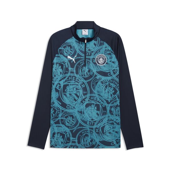 Męska koszulka na rozgrzewkę Manchester City z zamkiem 1/4 PUMA. Niebieskie t-shirty sportowe męskie Puma, m, z materiału, bez ramiączek, do piłki nożnej. Za 174.00 zł.