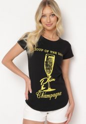 Czarny Klasyczny T-shirt z Bawełny Ozdobiony Nadrukiem Getantia. Czarne t-shirty damskie Born2be, l, bez wzorów, z bawełny, bez kołnierzyka. Za 34.99 zł.