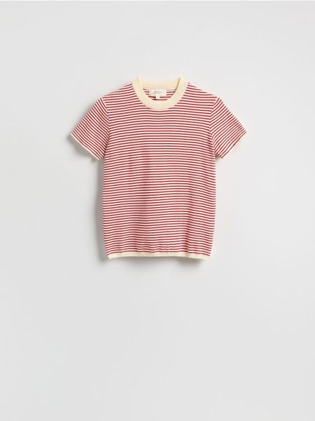 Bawełniany t-shirt w paski - czerwony. Czerwone t-shirty damskie Reserved, l, bez wzorów, z bawełny, bez kołnierzyka. Za 99.99 zł.