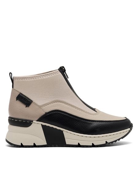 Rieker Botki N6352-60 Beżowy. Brązowe botki damskie Rieker, z materiału, bez obcasa, na koturnie, bez zapięcia. Za 229.99 zł.