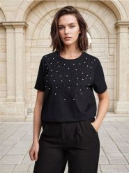 Koszulka - czarny. Czarne t-shirty damskie Sinsay, l, bez wzorów, bez kołnierzyka. Za 17.99 zł.