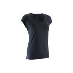 Koszulka fitness krótki rękaw 100 damska. Czarne bluzki sportowe damskie DOMYOS, bez wzorów, z elastanu, bez kołnierzyka. Za 14.99 zł.