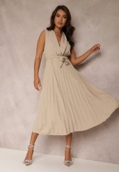 Beżowa Sukienka Volantis. Brązowe sukienki damskie Renee, na wesele, bez wzorów, eleganckie, bez kołnierzyka, bez ramiączek, maxi, kopertowe. W wyprzedaży za 76.99 zł.