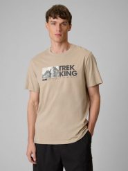 4F T-shirt regular z nadrukiem męski - beżowy S. Brązowe t-shirty męskie 4f, m, bez wzorów, z bawełny, bez kołnierzyka. Za 59.99 zł.