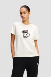 KARL LAGERFELD Beżowy damski t-shirt Ikon Sketch Choupette. Brązowe t-shirty damskie Karl Lagerfeld, s, bez wzorów, bez kołnierzyka. W wyprzedaży za 229.99 zł.