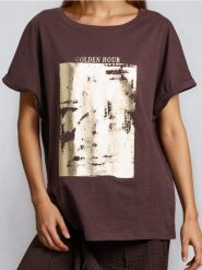 Koszulka ze złotym nadrukiem - brązowy. Brązowe t-shirty damskie Sinsay, l, bez wzorów, bez kołnierzyka. Za 25.99 zł.