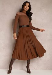 Brązowa Spódnica Plisowana z Paskiem Nanie. Brązowe spódniczki damskie Renee, z aplikacjami, eleganckie, midi, dopasowane. Za 84.99 zł.