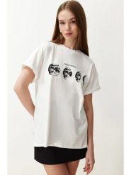 Trendyol Koszulka w kolorze kremowym rozmiar: XL. Brązowe bluzki damskie Trendyol, xl, bez wzorów, z bawełny, bez kołnierzyka, bez ramiączek. Za 41.79 zł.