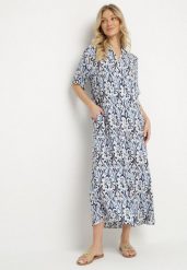 Niebieska Sukienka z Wiskozy o Pudełkowym Kroju w Ornamentalny Wzór Ridisa. Niebieskie sukienki damskie Born2be, na co dzień, l, bez wzorów, z wiskozy, eleganckie, bez kołnierzyka, bez ramiączek, maxi, kopertowe. W wyprzedaży za 63.99 zł.