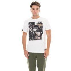Kurzärmeliges Herren-T-Shirt aus Baumwolle mit Leone 1947 Graphics-Aufdruck. Białe t-shirty męskie LEONE 1947 APPAREL, bez wzorów, z bawełny, bez kołnierzyka. W wyprzedaży za 73.68 zł.