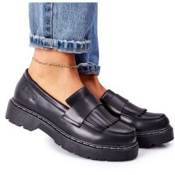 Skórzane Półbuty Loafery Big Star II274100 Czarne. Czarne półbuty damskie bez wzorów, z gumy, retro, bez obcasa. Za 306.50 zł.