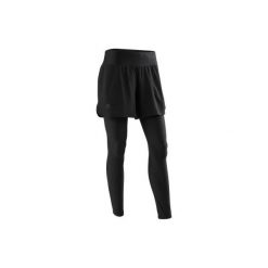 Legginsy/szorty 2 w 1 do biegania RUN DRY+ damskie. Czarne legginsy damskie KALENJI, l, bez wzorów, z elastanu. Za 79.99 zł.