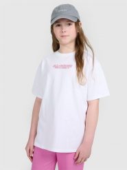 4F T-shirt oversize z nadrukiem dziewczęcy - biały 140 (9-10 lat). Białe koszulki dziewczęce 4f, m, bez wzorów, z bawełny, bez ramiączek. W wyprzedaży za 29.99 zł.