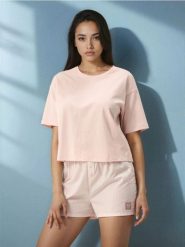 Bawełniana piżama z krótkim rękawem i szortami w paski - różowy. Czerwone piżamy damskie Sinsay, l, bez wzorów, z bawełny, bez ramiączek. Za 39.99 zł.