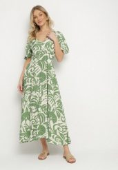 Zielona Rozkloszowana Sukienka z Wiskozy w Roślinny Wzór Ridiata. Zielone sukienki damskie Born2be, na co dzień, l, bez wzorów, z wiskozy, eleganckie, bez kołnierzyka, bez ramiączek, maxi, proste. W wyprzedaży za 63.99 zł.