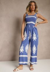 Niebieski Kombinezon Wide Leg z Wiskozy na Ramiączkach Zdobiony Etnicznym Wzorem Melriti. Niebieskie kombinezony damskie Renee, m, z aplikacjami, z wiskozy, klasyczne, bez kołnierzyka, bez ramiączek. Za 59.99 zł.