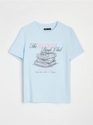 Koszulka z nadrukiem i haftem - błękitny. Niebieskie t-shirty damskie Sinsay, l, bez wzorów, bez kołnierzyka. Za 19.99 zł.