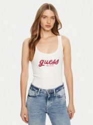Guess Top W5RP03 KA0H1 Biały Regular Fit. Białe topy damskie Guess, m, z aplikacjami, z bawełny, bez kołnierzyka. Za 109.99 zł.