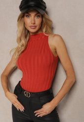 Pomarańczowy Top z Golfem i Wiskozą z Prążkowanego Materiału Lilithea. Brązowe topy damskie Renee, m, bez wzorów, z jeansu, bez kołnierzyka. Za 69.99 zł.