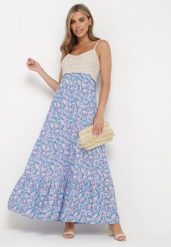 Niebieska Rozkloszowana Sukienka Maxi z Wiskozy w Kwiatowy Print i z Szydełkowym Wzorem Adviana. Niebieskie sukienki damskie Born2be, m, bez wzorów, z wiskozy, bez kołnierzyka, bez ramiączek, maxi, rozkloszowane. W wyprzedaży za 95.99 zł.