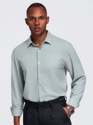Męska wiskozowo-lniana koszula o kroju regular - pastelowa zieleń V4 - Rozmiar: XL. Szare koszule męskie Ombre Clothing, m, bez wzorów, z denimu, bez kołnierzyka, bez ramiączek. W wyprzedaży za 129.99 zł.