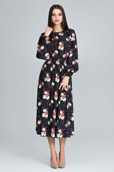 Stylowa Sukienka w Barwny Deseń z Bufiastym Rękawem - Wzór 75. Niebieskie sukienki damskie Figl, na lato, l, bez wzorów, z elastanu, eleganckie, bez kołnierzyka, bez ramiączek. Za 299.00 zł.