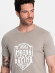 T-shirt męski z nadrukiem w stylu motocyklowym – popielaty V3 - Rozmiar: L. Szare t-shirty męskie Ombre Clothing, l, bez wzorów, z bawełny, bez kołnierzyka. W wyprzedaży za 24.99 zł.