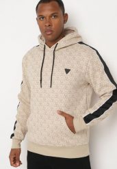 Beżowa Bluza z Kapturem w Geometryczny Print Zdobiona Lampasem Venandria. Brązowe bluzy z kapturem męskie Born2be, m, z jeansu. Za 84.99 zł.