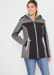 Kurtka softshell z odblaskowymi elementami, z materiału odpychającego wodę. Szare kurtki damskie bonprix, bez wzorów, z softshellu, bez kaptura. Za 299.99 zł.