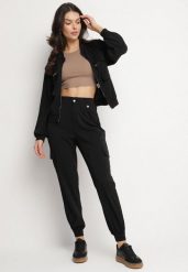 Czarny Komplet Dresowy w Stylu Cargo Spodnie i Bluza z Imitacją Kieszeni Ivelhiris. Czarne bluzy bez kaptura damskie Born2be, l, z dresówki. Za 139.99 zł.