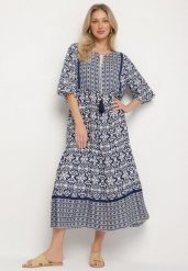 Granatowa Bawełniana Sukienka w Stylu Boho z Wiązaniem Przy Dekolcie Orradelle. Niebieskie sukienki damskie Born2be, na co dzień, na lato, l, bez wzorów, z bawełny, boho, bez kołnierzyka, bez ramiączek, proste. W wyprzedaży za 59.99 zł.