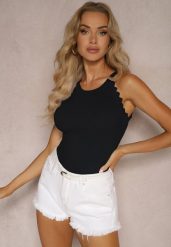 Czarny Casualowy Prążkowany Top z Wiskozą Wykończony Koronką Luvia. Czarne topy damskie Renee, m, bez wzorów, z jeansu, bez kołnierzyka. Za 49.99 zł.