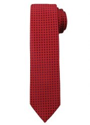Czerwony Elegancki Męski Krawat -ALTIES- Wzór Geometryczny, w Granatowe Kwadraciki. Czerwone krawaty i muchy męskie Alties, bez wzorów, z tkaniny, eleganckie. Za 49.00 zł.
