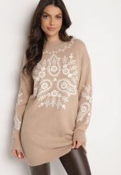 Beżowy Długi Sweter z Wiskozą Ozdobiony Haftem Delarose. Brązowe swetry klasyczne damskie Born2be, na jesień, z jeansu, bez kołnierzyka. Za 149.99 zł.