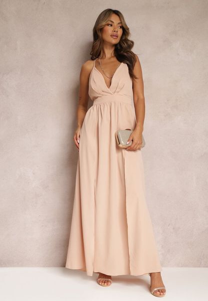 Beżowa Rozkloszowana Sukienka Maxi na Ramiączkach z Trójkątnym Dekoltem Claudi. Brązowe sukienki damskie Renee, na imprezę, l, bez wzorów, eleganckie, bez kołnierzyka, dla wysokich, bez ramiączek, maxi, rozkloszowane. Za 119.99 zł.