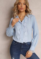 Niebieska Koszula z Koronką i Kołnierzem Ranamas. Niebieskie koszule damskie Renee, m, bez wzorów, z koronki, klasyczne, bez kołnierzyka, bez ramiączek. Za 39.99 zł.