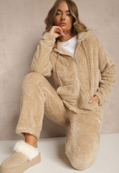 Beżowy Futerkowy Komplet Dresowy Bluza na Suwak z Kapturem i Spodnie Anatilea. Brązowe bluzy z kapturem damskie Renee, z dresówki. Za 79.99 zł.