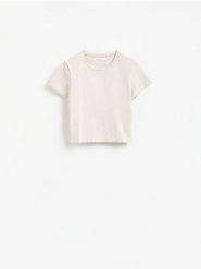 Bawełniany t-shirt - beżowy. Brązowe t-shirty damskie Reserved, l, bez wzorów, z bawełny, bez kołnierzyka. Za 25.99 zł.