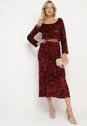 Bordowa Koktajlowa Spódnica Ozdobiona Cekinami i Gumką w Pasie Beriyana. Czerwone spódniczki damskie Born2be, l, bez wzorów, eleganckie, midi, proste. Za 149.99 zł.