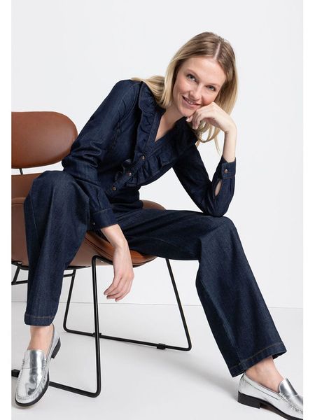 More & More Bluzka dżinsowa w kolorze granatowym rozmiar: 36. Niebieskie bluzki damskie MORE & MORE, bez wzorów, z bawełny, bez kołnierzyka, bez ramiączek. Za 104.99 zł.