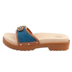Klapki drewniaki Scholl Pescura Iconic F305492349 niebieskie. Niebieskie klapki damskie bez wzorów, z jeansu, bez obcasa. Za 310.47 zł.